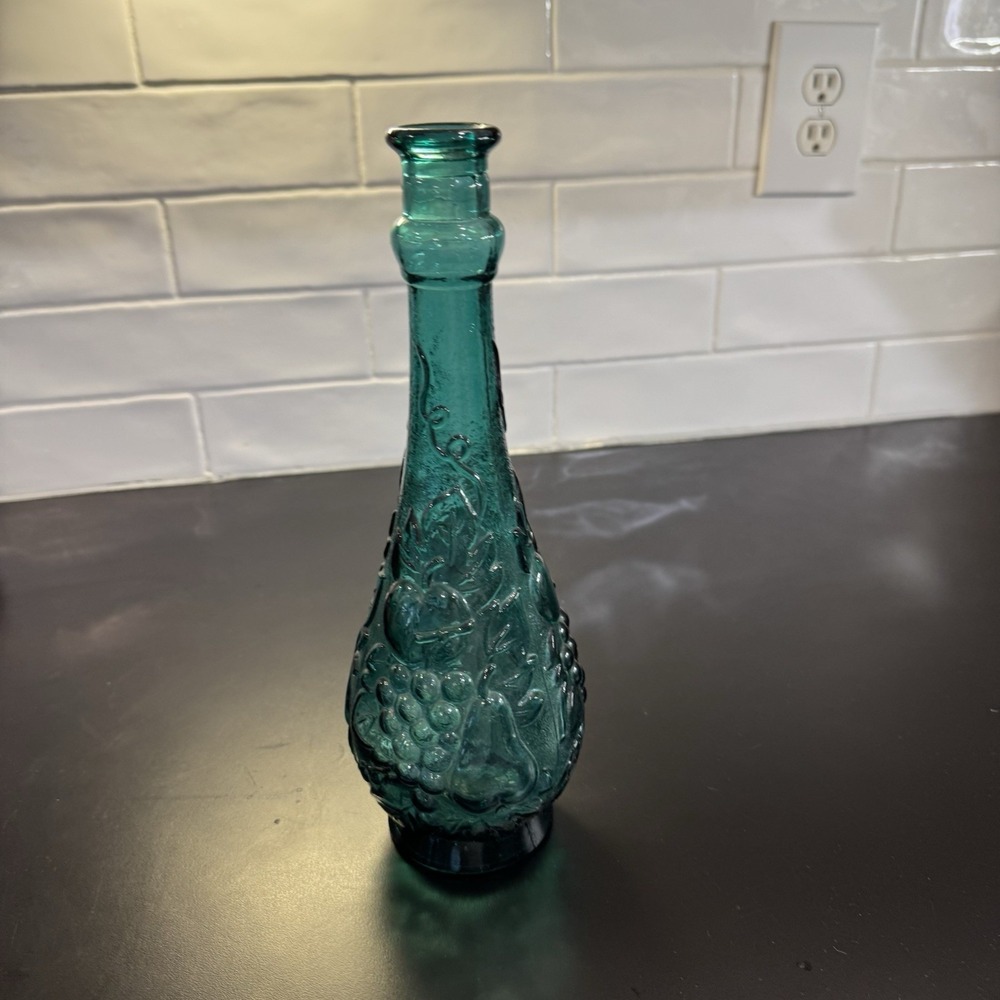 Vintage Large Empoli Genie Bottle Aqua Blue Fruit & Flowers 12" No‎ Stopper